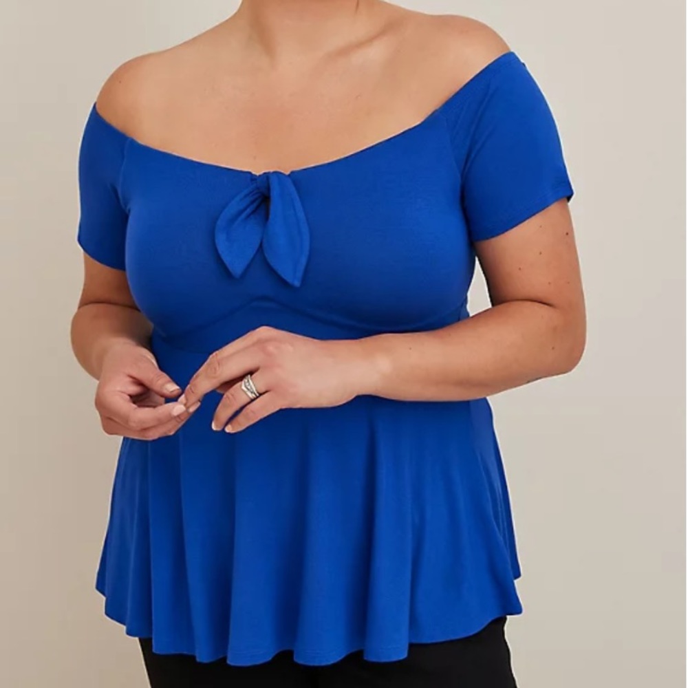 Torrid Royal Blue Babydoll Super Soft Front Knot Off the Shoulder Shirt NWT 2x